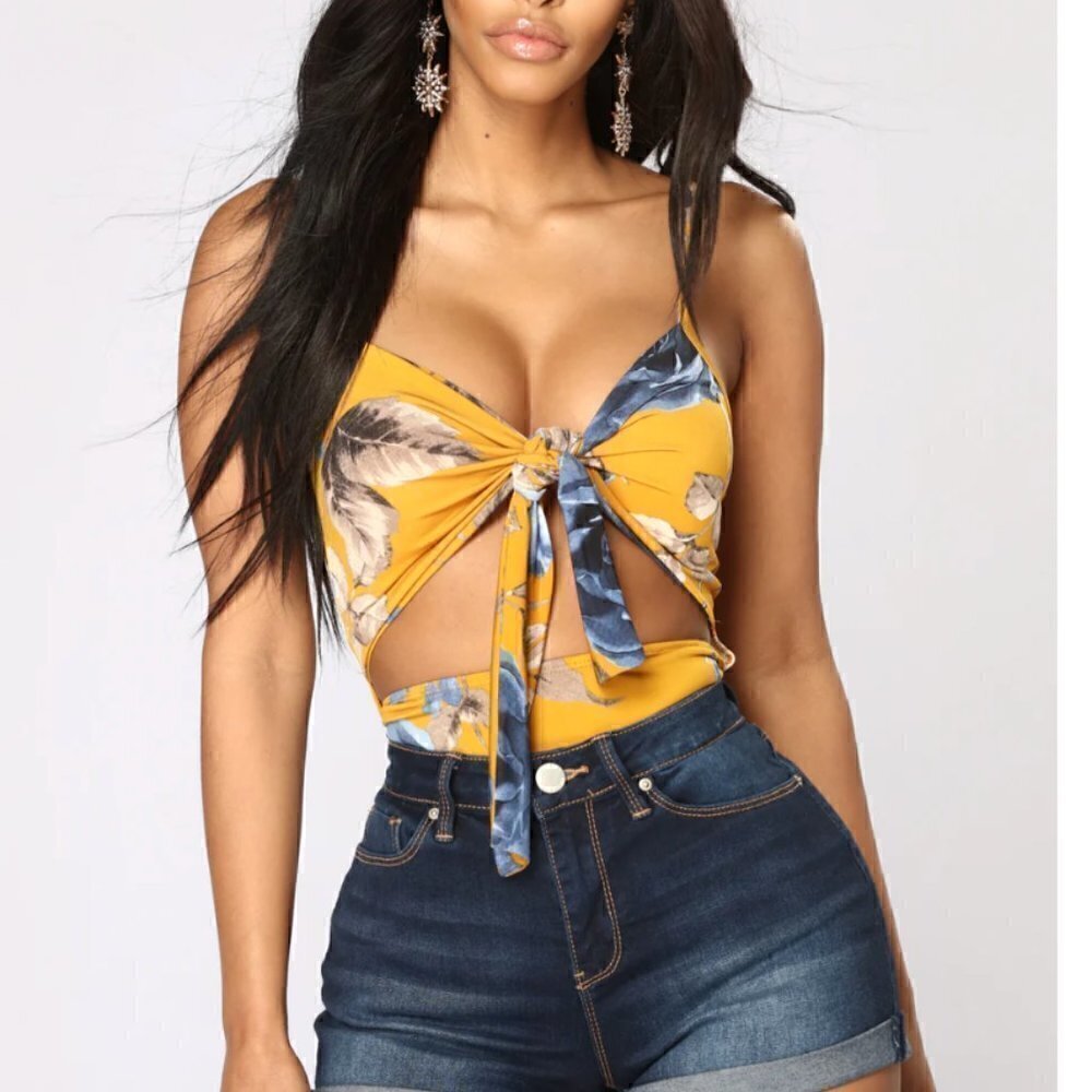 Fashion Nova Floral Kisses Mustard Yellow Cutout Front tie Bodysuit Size XS